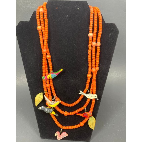 Retro Boho Chic Necklace Orange Wood Beaded Carved Tropical Parrot Bird Vintage - Picture 5 of 12